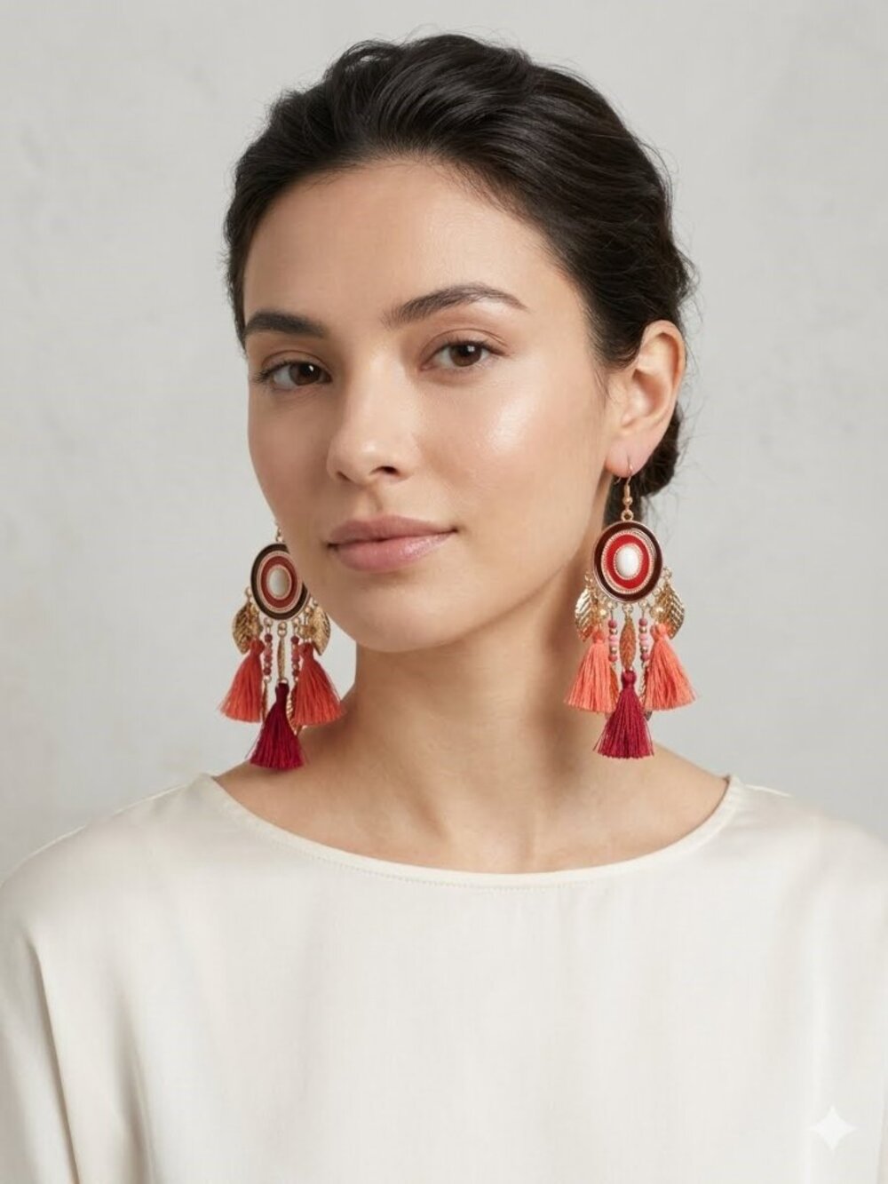 Bohemian Tassel Earrings Red Orange Gold Statement Jewelry